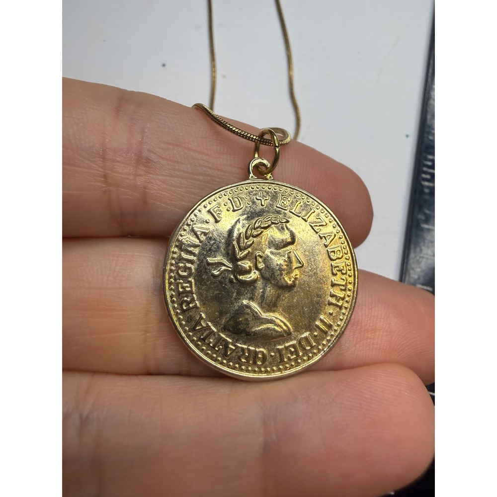 1967 British Half Penny Coin Necklace Queen Elizabeth II Gold Tone Snake Chain